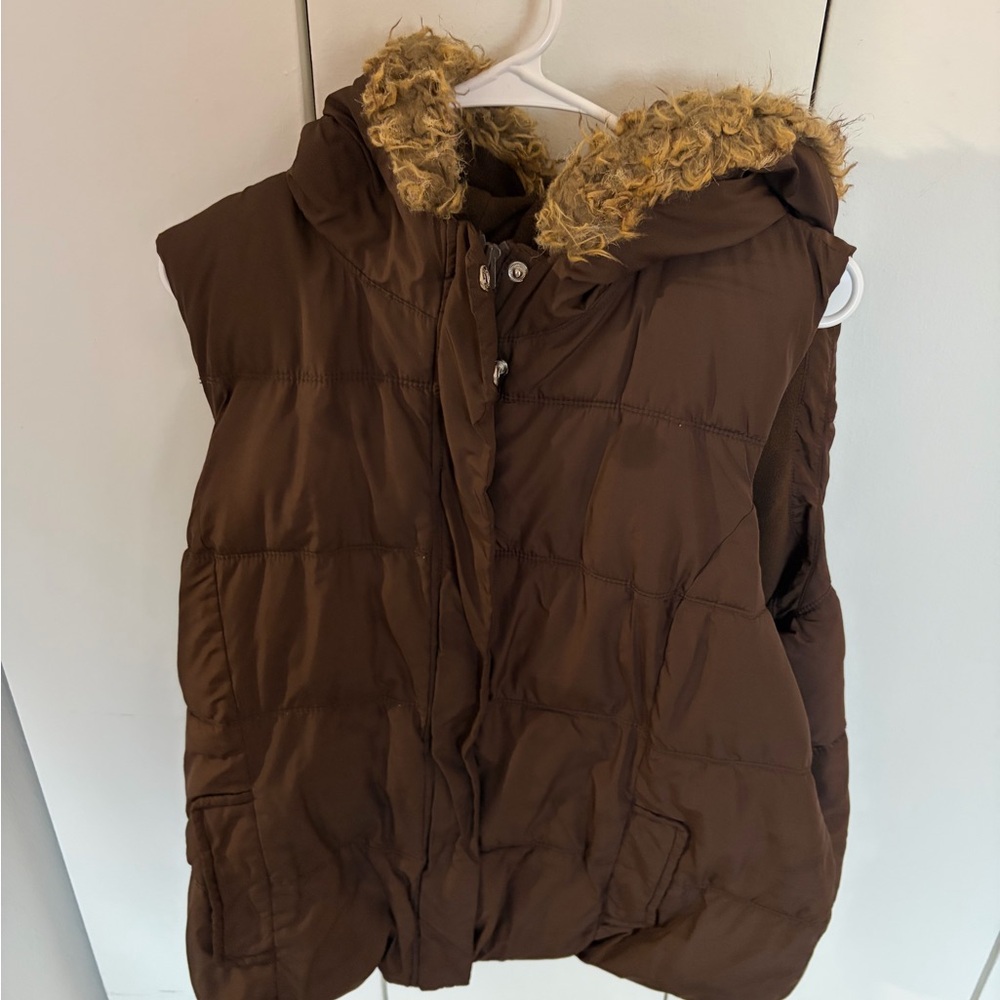 Old Navy Brown Puffer Vest with Faux Fur Trim